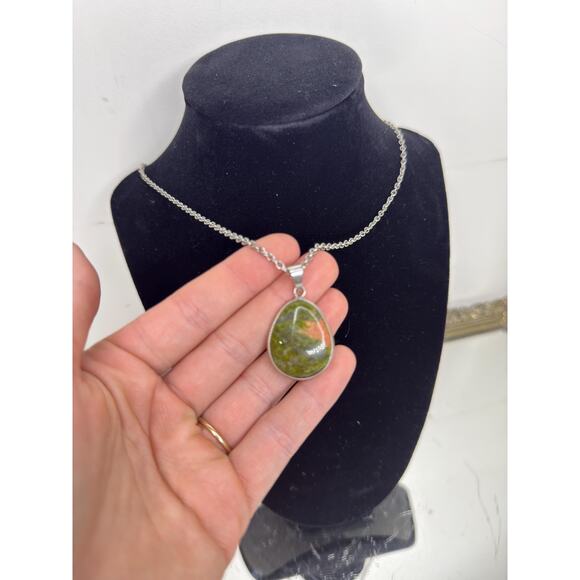 Unakite Jasper Gemstone Pendant Sterling Silver Serpentine Necklace Chain Adjus - Picture 3 of 9